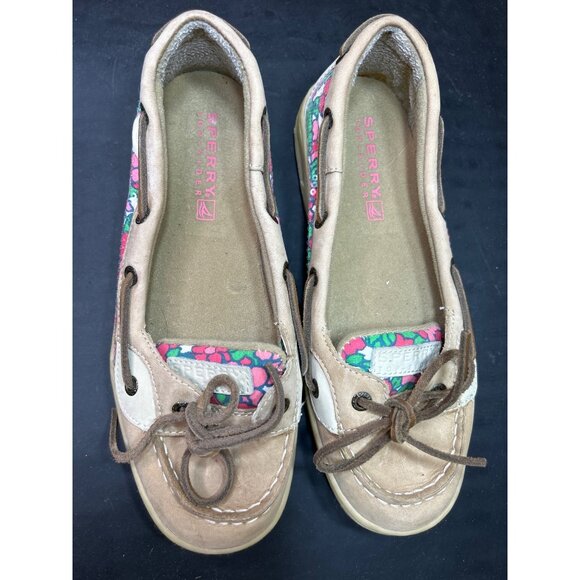 Sperry Top-Sider Girls Boat Shoes Size 4M Tan With Pink Floral Pattern Leather & - Picture 3 of 10